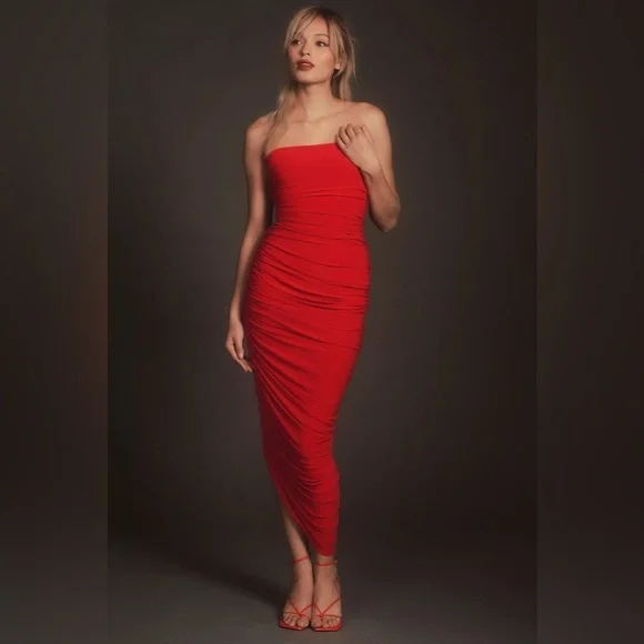 norma kamali diana strapless ruched midi dress Norma Kamali Strapless Diana Asymmetric Ruched Gown